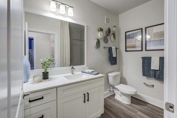 Modern bathroom featuring sleek fixtures and spacious vanity at Alton Serenoa Apartments