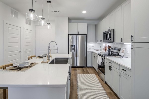 Modern kitchen featuring stainless steel appliances and granite countertops at The Grayson Apartments Luxury living in the heart of the city