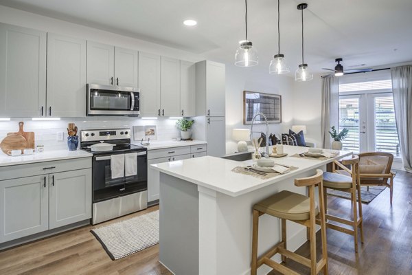 Modern kitchen with sleek countertops and stainless steel appliances at The Grayson Apartments luxury residence