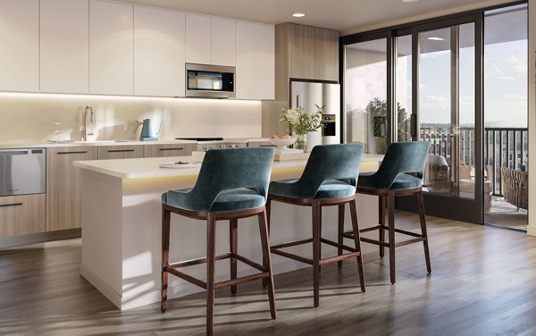 Dining room with modern decor at Aster & Links Apartments, featuring sleek furniture and elegant lighting