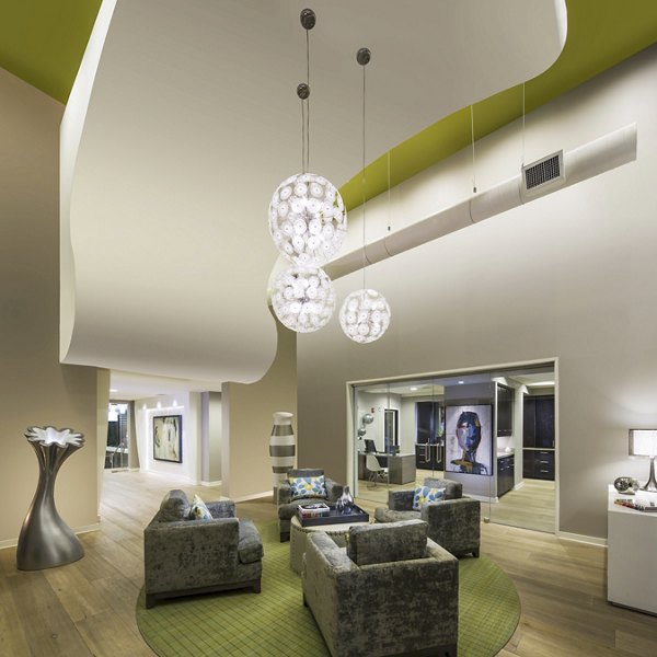 Clubhouse lobby with modern decor and seating at 1377 Apartments, featuring luxury amenities for residents