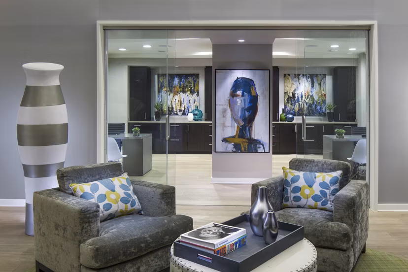 Clubhouse lobby with contemporary design elements at 1377 Apartments