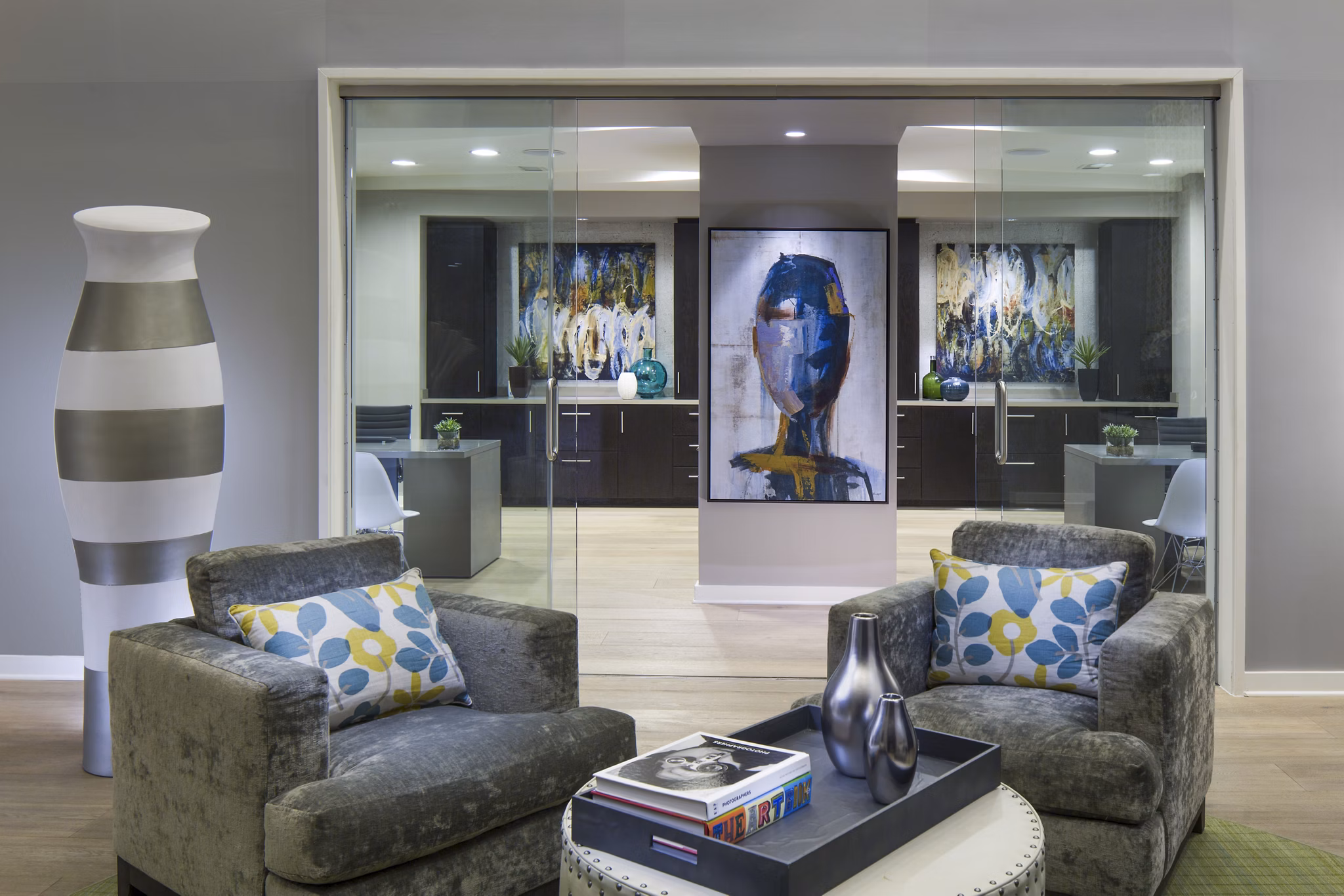 Clubhouse lobby with contemporary design elements at 1377 Apartments