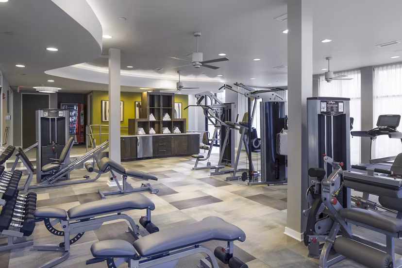Modern fitness center with state-of-the-art equipment at 1377 Apartments