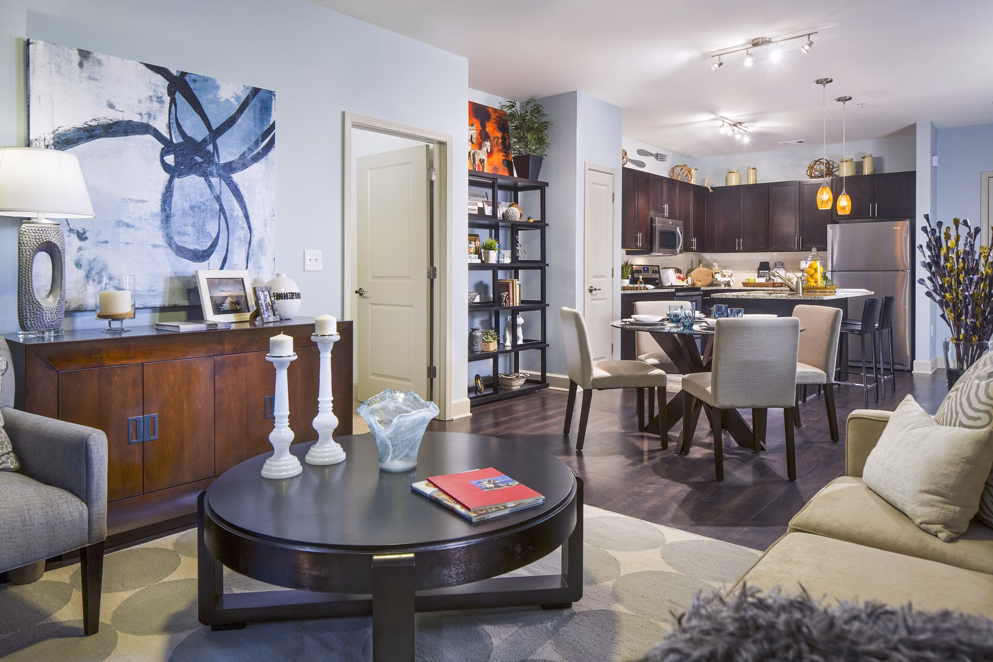 Bright living room with modern decor at 1377 Apartments offering luxury spaces in a vibrant community ideal for urban living