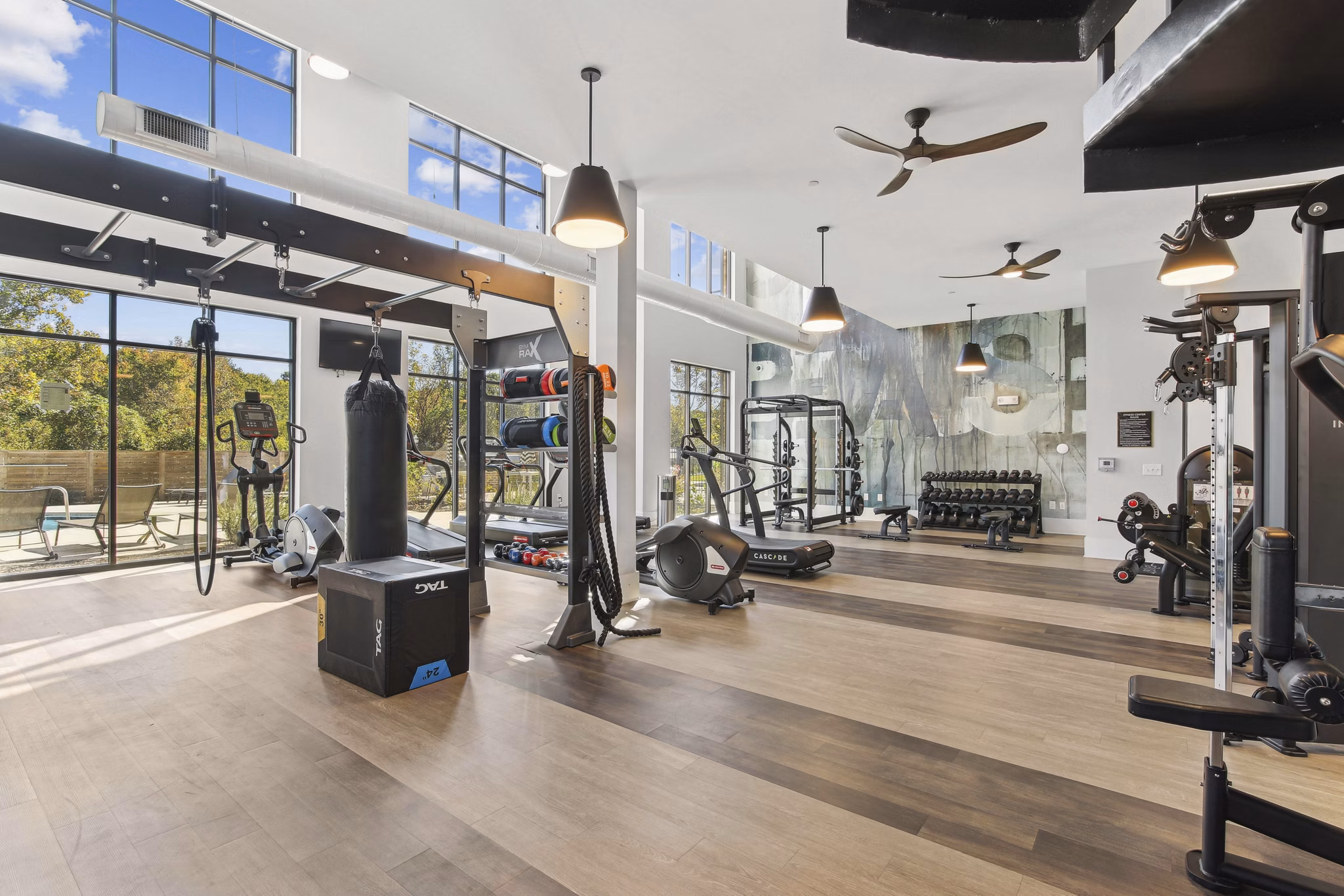 fitness center at Series at Riverview Landing Apartments