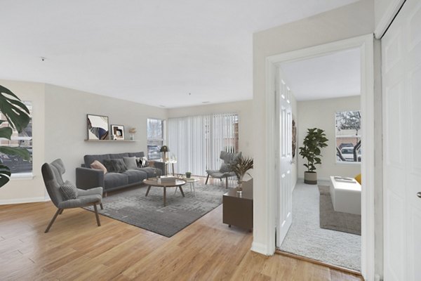 Spacious kitchen with modern appliances at Columbia Crossing Apartments in Greystar community