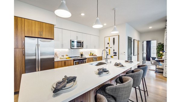 Contemporary kitchen with sleek appliances and marble countertops at The Eisley Apartments, luxurious living spaces in prime location