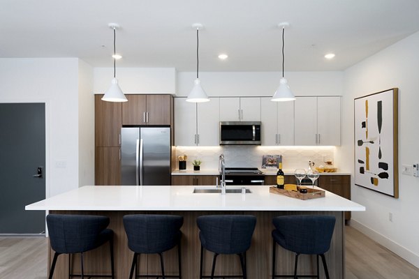 Modern kitchen with stainless steel appliances at The Eisley Apartments