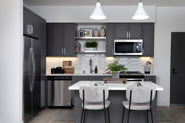 Sleek modern kitchen with stainless steel appliances at The Eisley Apartments