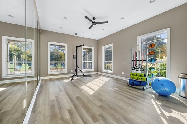 Yoga studio with calming decor at Bridgewater Apartments for relaxation and wellness activities