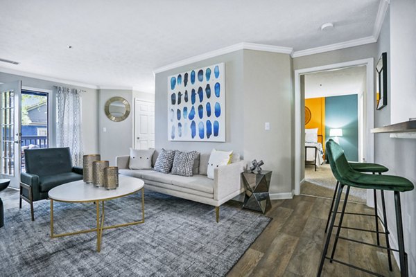 Spacious living room with modern furnishings in Bridgewater Apartments