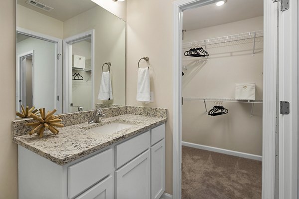 Bathroom with modern fixtures and sleek design at Townes at Hamilton Apartments, luxury living by Greystar