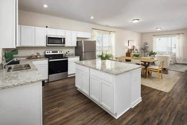 Modern kitchen with granite countertops and stainless steel appliances in Townes at Hamilton Apartments