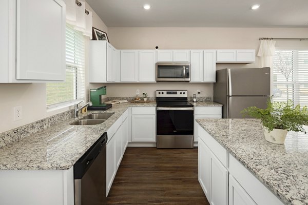 Modern kitchen with stainless steel appliances in Townes at Hamilton Apartments, showcasing sleek cabinetry and ample counter space