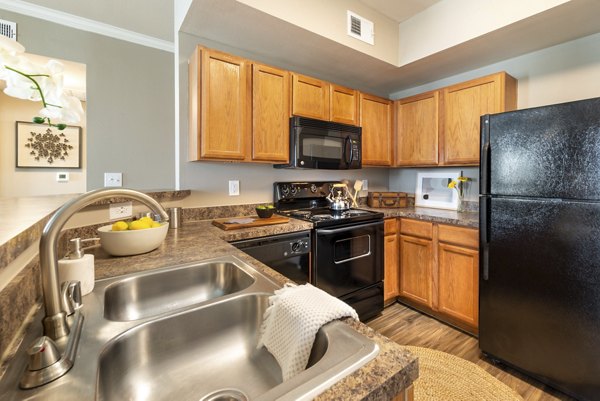 Modern kitchen with stainless steel appliances and granite countertops in Olympus Team Ranch Apartments