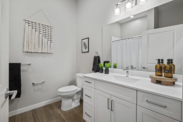 Bathroom with elegant marble countertops and modern fixtures at Millyard at Meadow Commons Apartments