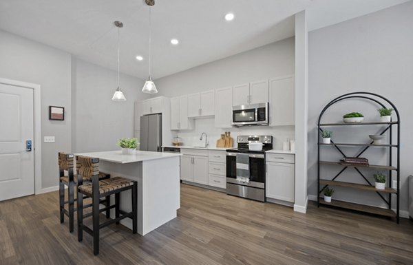 Modern kitchen featuring stainless steel appliances at Millyard at Meadow Commons Apartments