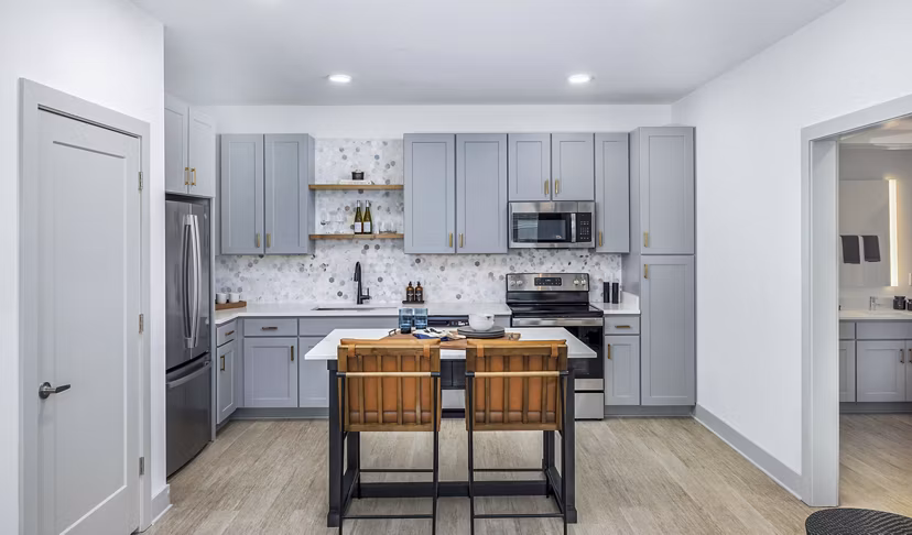 Modern kitchen with stainless steel appliances at The Premier Apartments, offering luxury living at Greystar's premier community