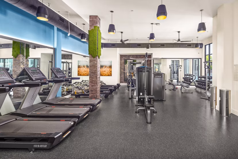 State-of-the-art fitness center featuring modern equipment at Queens Wedgewood Houston Apartments