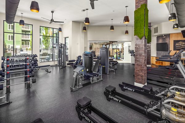 State-of-the-art fitness center at Queens Wedgewood Houston Apartments with modern equipment and bright interiors, ideal for active lifestyles