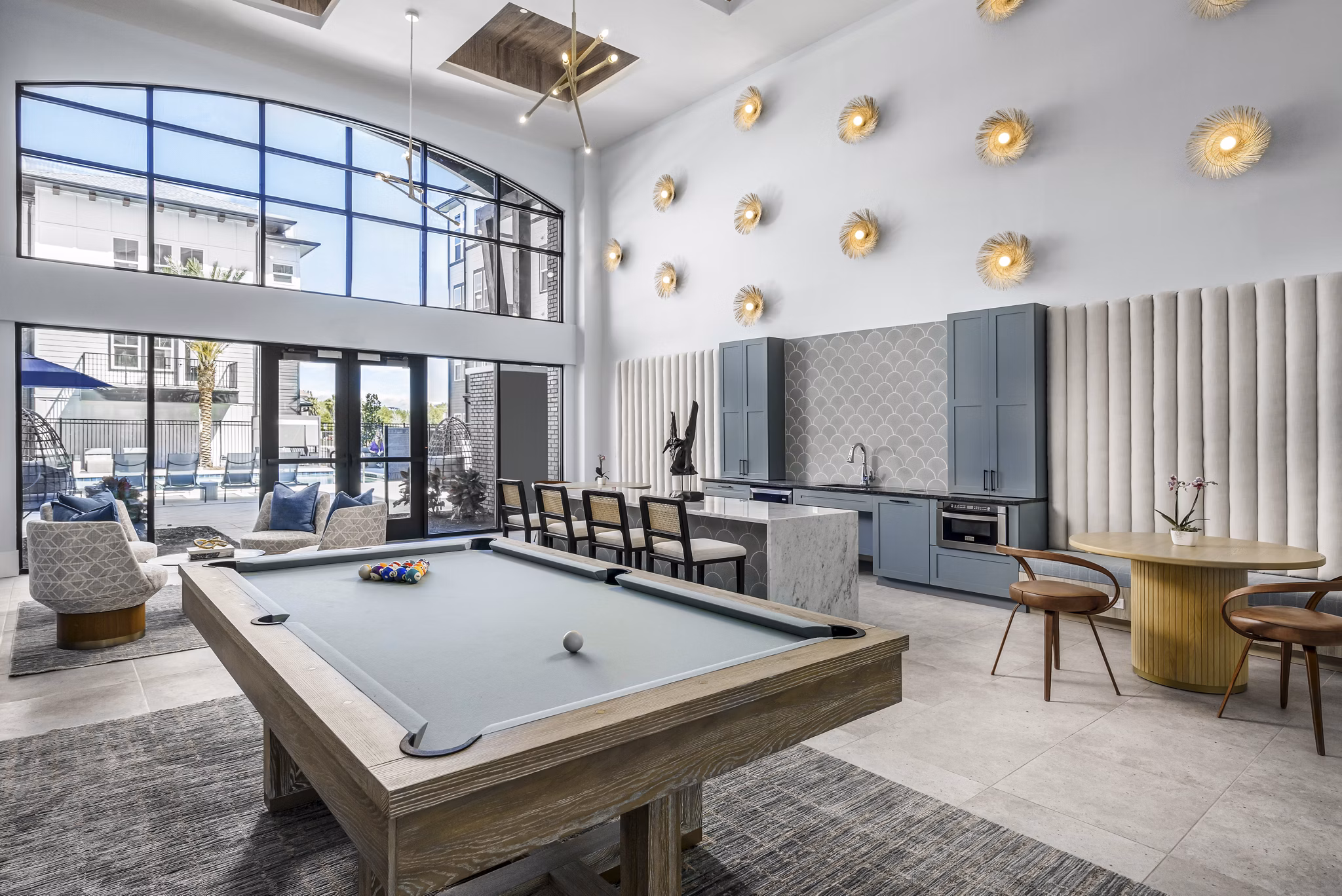 Vibrant game room with pool table at The Elliott Apartments showcasing luxury lifestyle amenities