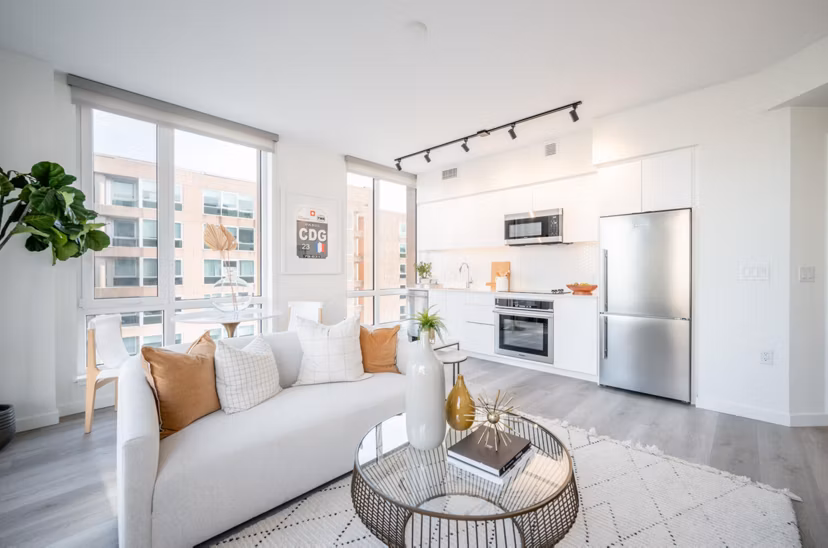 Living room with modern furnishings at Collection 14 Apartments, showcasing luxury interior design