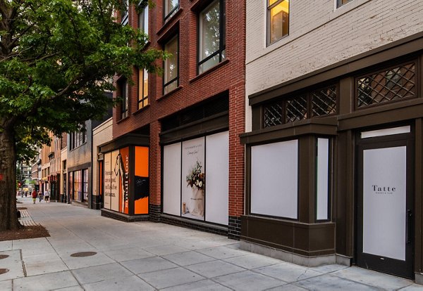 Charming neighborhood view at Collection 14 Apartments showcasing vibrant city life and tree-lined streets