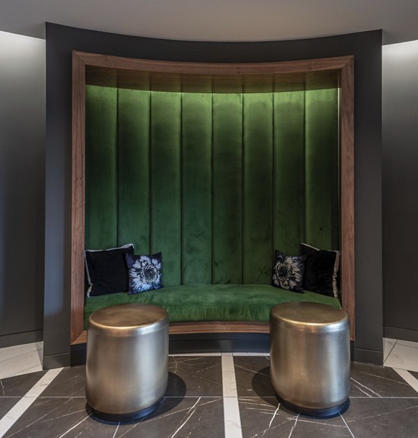 Lobby featuring elegant seating and modern decor at Bayou on the Bend Apartments