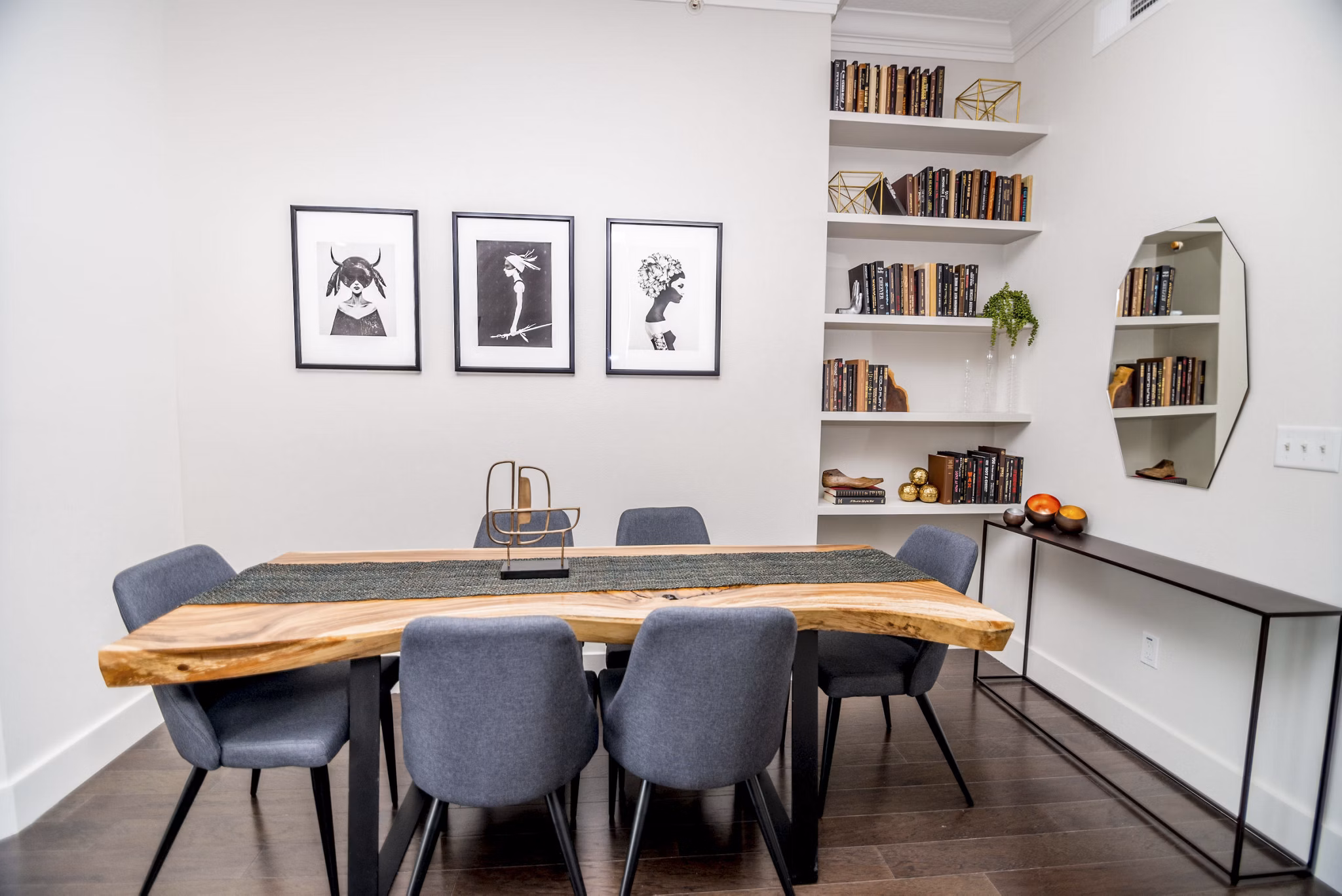 Dining room featuring elegant decor and large windows at Bayou on the Bend Apartments