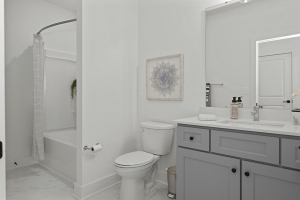 Modern bathroom with elegant fixtures at Cascadia at Highland Creek Apartments, luxury living spaces by Greystar