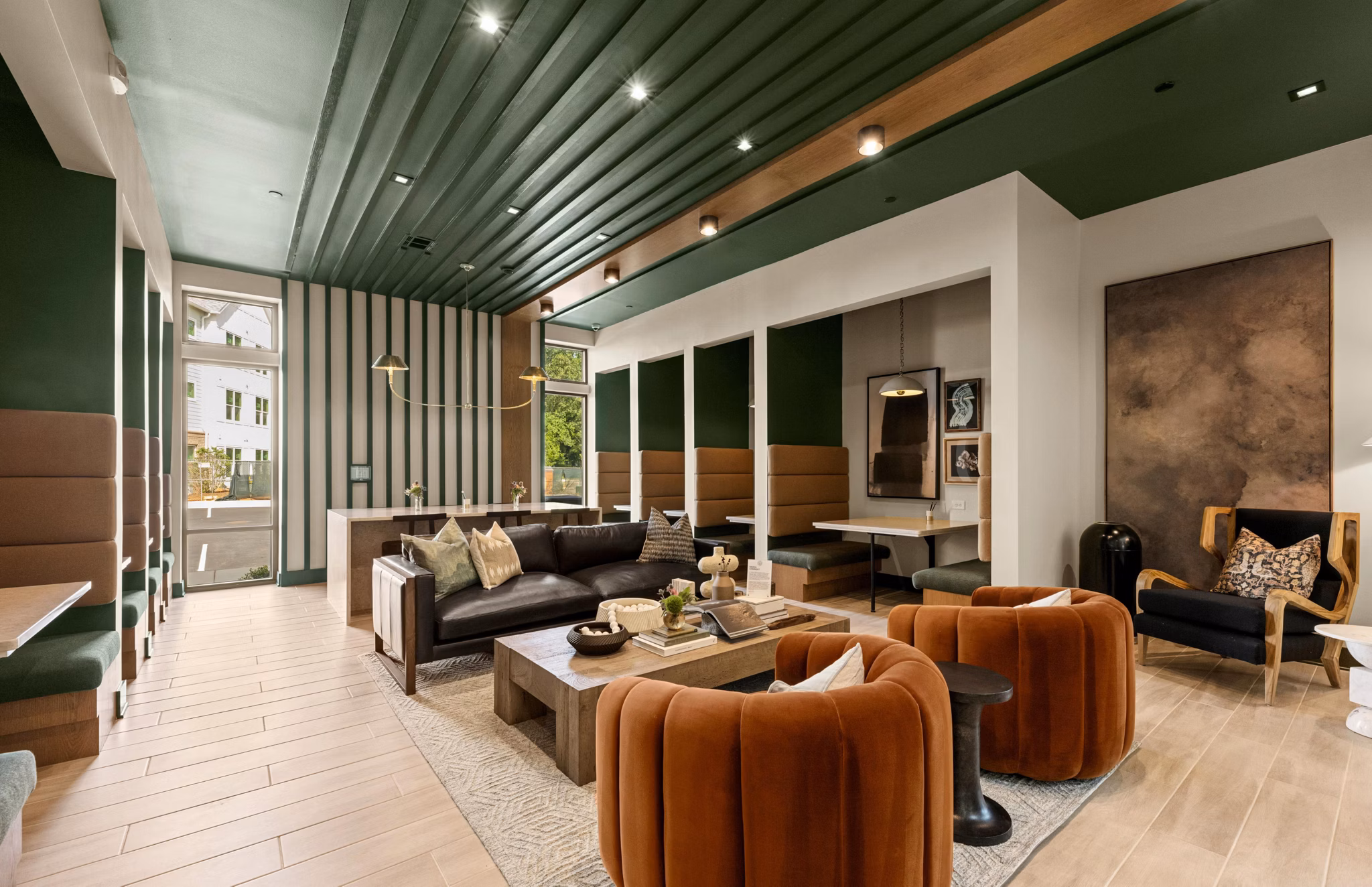 Contemporary clubhouse at Elan Prosperity Village Apartments featuring stylish seating and modern design