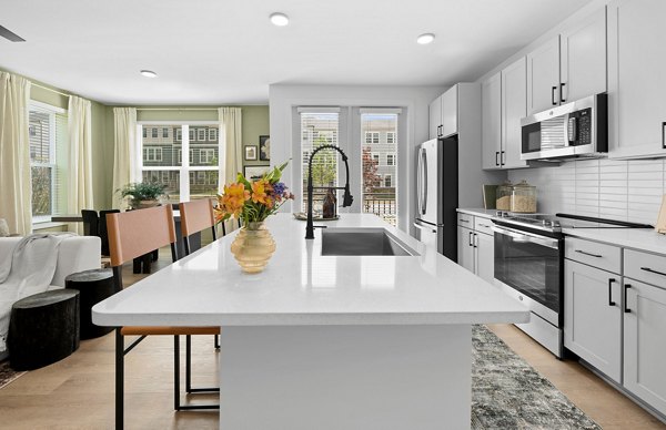 Modern kitchen with stainless steel appliances at Elan Prosperity Village Apartments, ideal for luxury living in a vibrant community