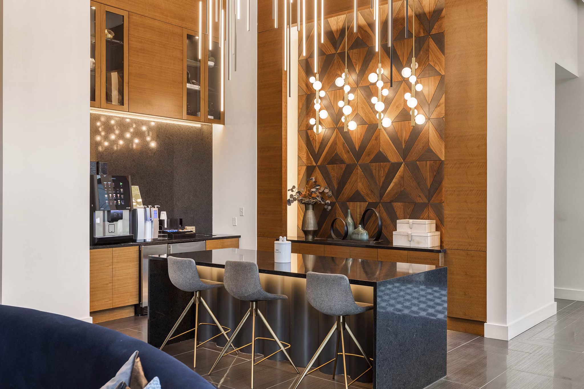 The MAV Apartments: Modern clubhouse with sleek design and comfortable seating in a luxury apartment community