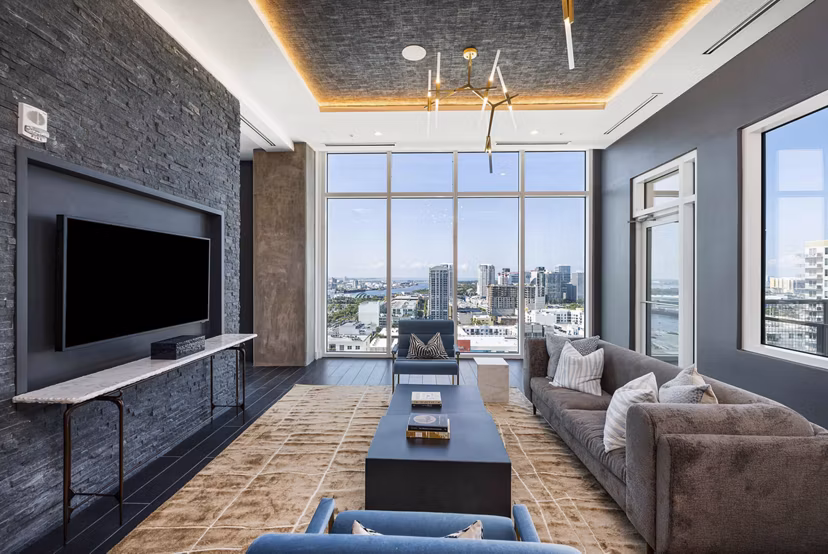 Modern clubhouse featuring stylish design and communal spaces at The MAV Apartments