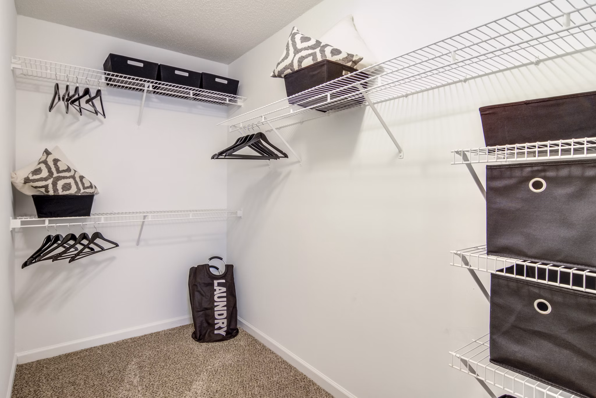 Walk-in closet with organized shelving in Signature at Sugarloaf Apartments