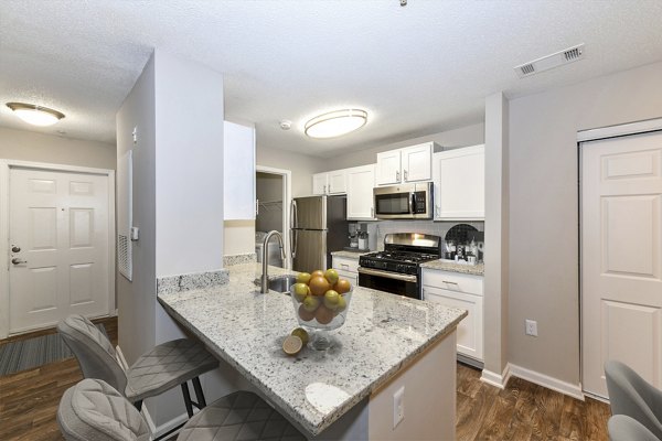 Modern kitchen with stainless steel appliances at Signature at Sugarloaf Apartments