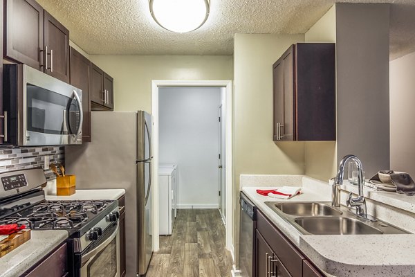 Modern kitchen with stainless steel appliances at Signature at Sugarloaf Apartments