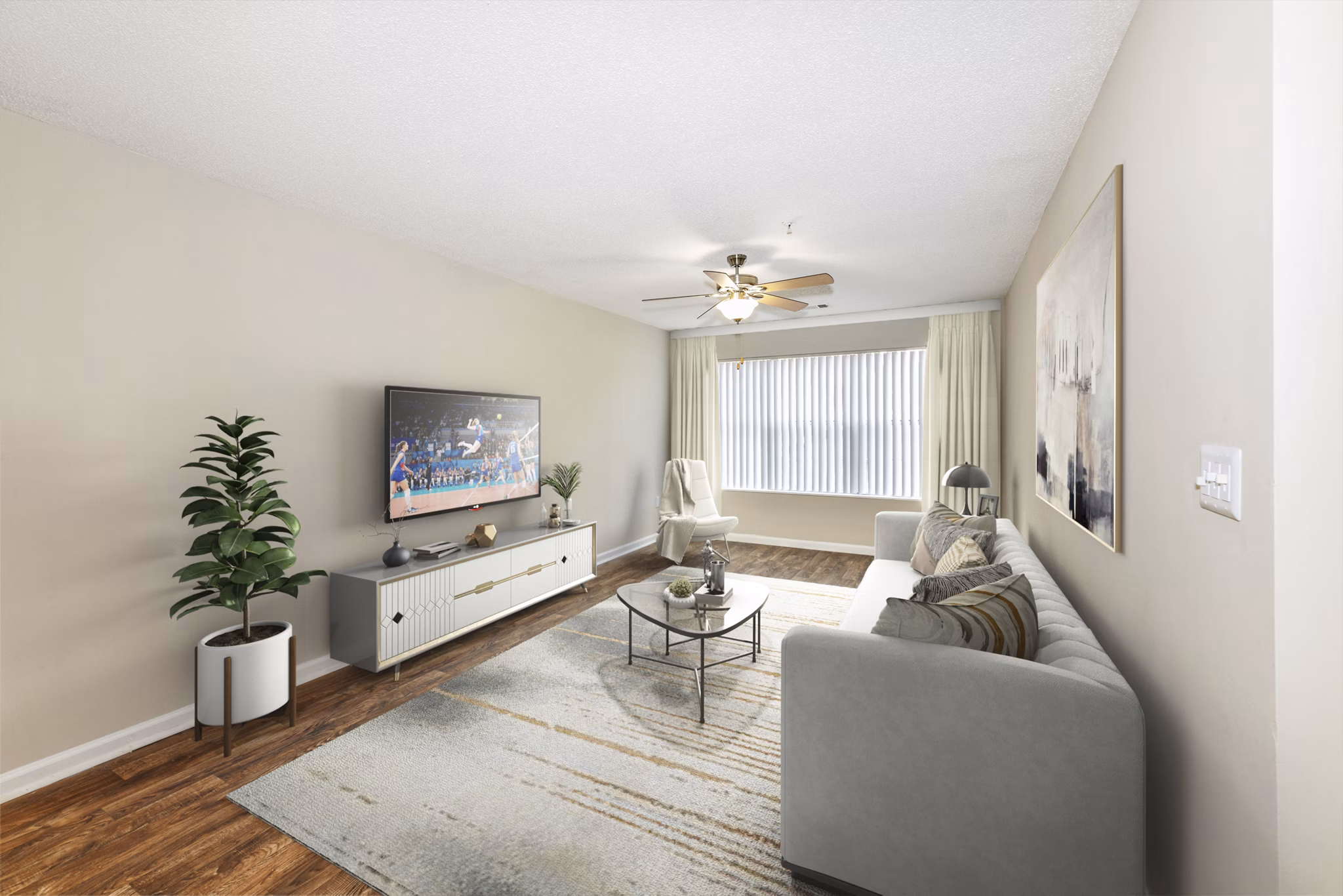 Open-concept living room with modern decor at Signature at Sugarloaf Apartments