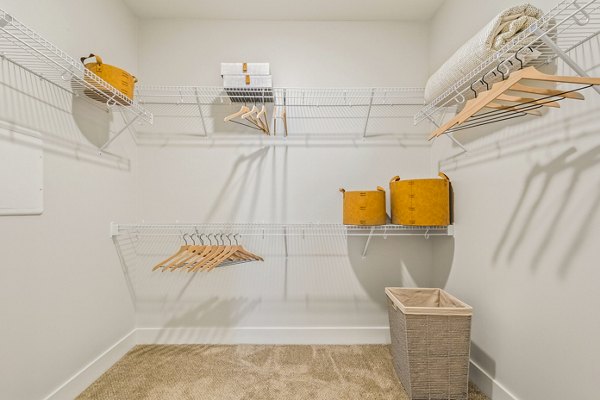 Bedroom closet with built-in shelving at Attain at Bradford Creek Apartments â€“ Greystar luxury living