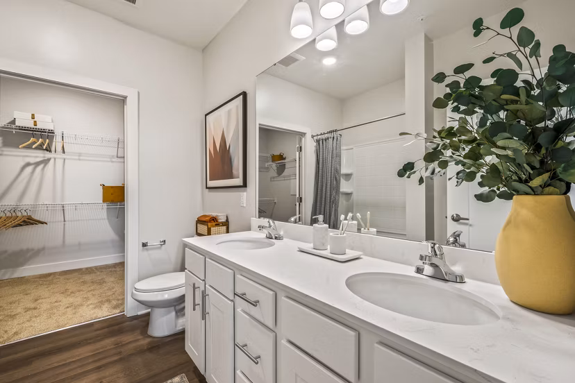 Luxurious bathroom featuring elegant fixtures at Attain at Bradford Creek Apartments, a Greystar community