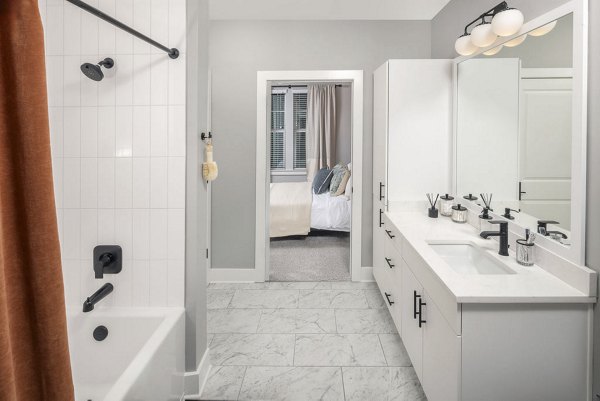 Modern bathroom with sleek fixtures in The Boulevard, a Broadstone Community Apartments