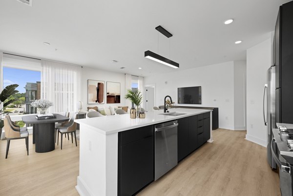 Sleek kitchen with stainless steel appliances in Elan LoSo Apartments, a luxury Greystar community