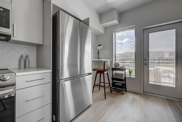 Modern kitchen with stainless steel appliances at The DeWitt Apartments