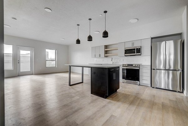 Modern kitchen with stainless steel appliances at The DeWitt Apartments, featuring sleek design and ample counter space in downtown location