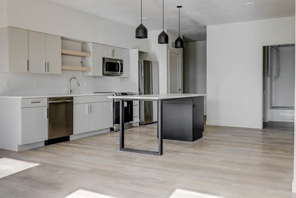 Modern kitchen with stainless steel appliances and granite countertops at The DeWitt Apartments