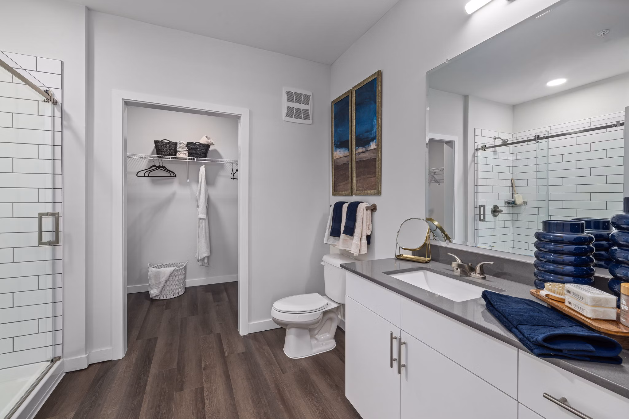 Modern bathroom with sleek fixtures at The Slater Apartments, luxury living by Greystar in Seattle