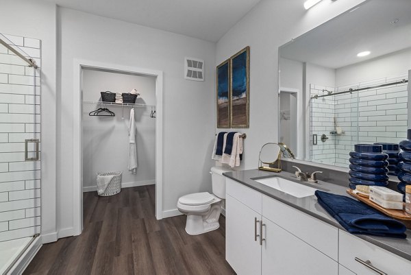 Modern bathroom with sleek fixtures at The Slater Apartments, luxury living by Greystar in Seattle