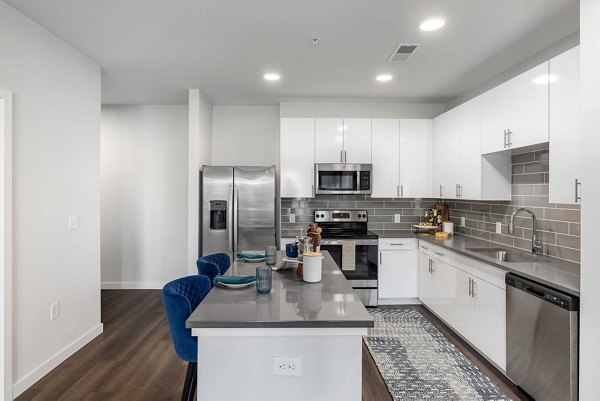 Modern kitchen with stainless steel appliances at The Slater Apartments, offering luxury urban living