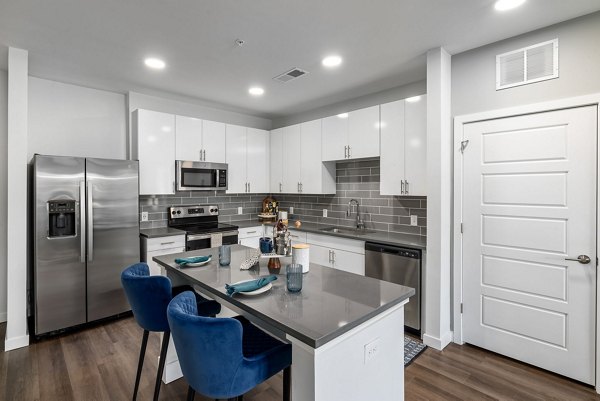 Modern kitchen with stainless steel appliances at The Slater Apartments, luxury living option near city amenities